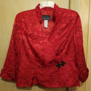 Alex Evenings Blouse Womens Lrg Ruby Red Floral Lace Satin Lined Wrap Top
